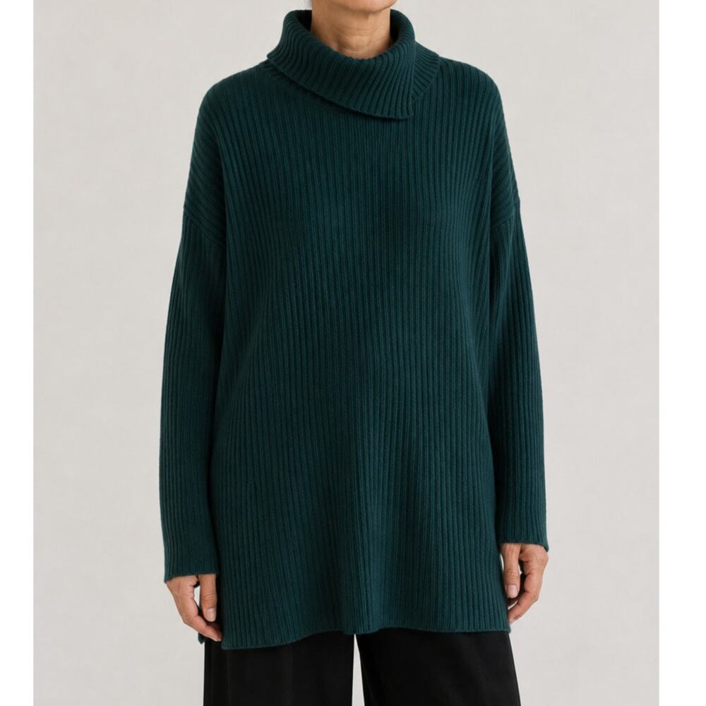 Eileen Fisher 100% Cashmere Ribbed Turtleneck Tunic Sweater Dark Green Italy-M